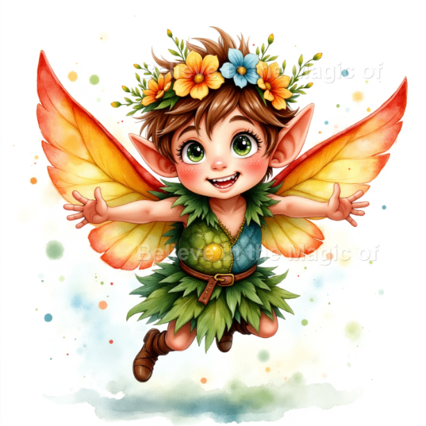 Magical Forest Elf Clipart Set – 48 Watercolor Illustrations (24 PNG + 24 JPG) Fantasy Woodland Elves with Leaf Crowns and Glowing Wings - Image 14